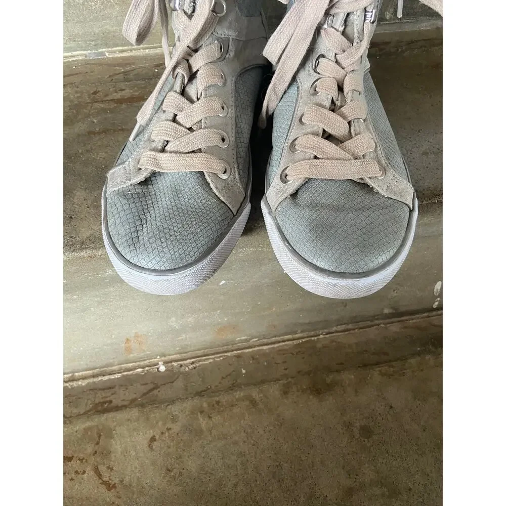 G by Guess Opall 12 mid-top 2 tone sneakers w/ faux-snakeskin pattern.